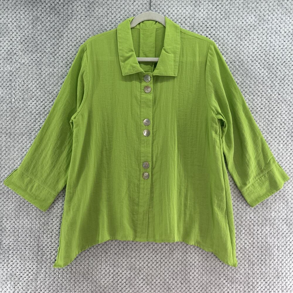 Fridaze Button Front Tunic Top Womens L Green Linen Mother of Pearl Button